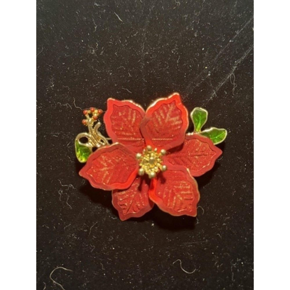 Vintage Kenneth Cole Red Poinsettia Flower Brooch Gold Tone Enamel Christmas